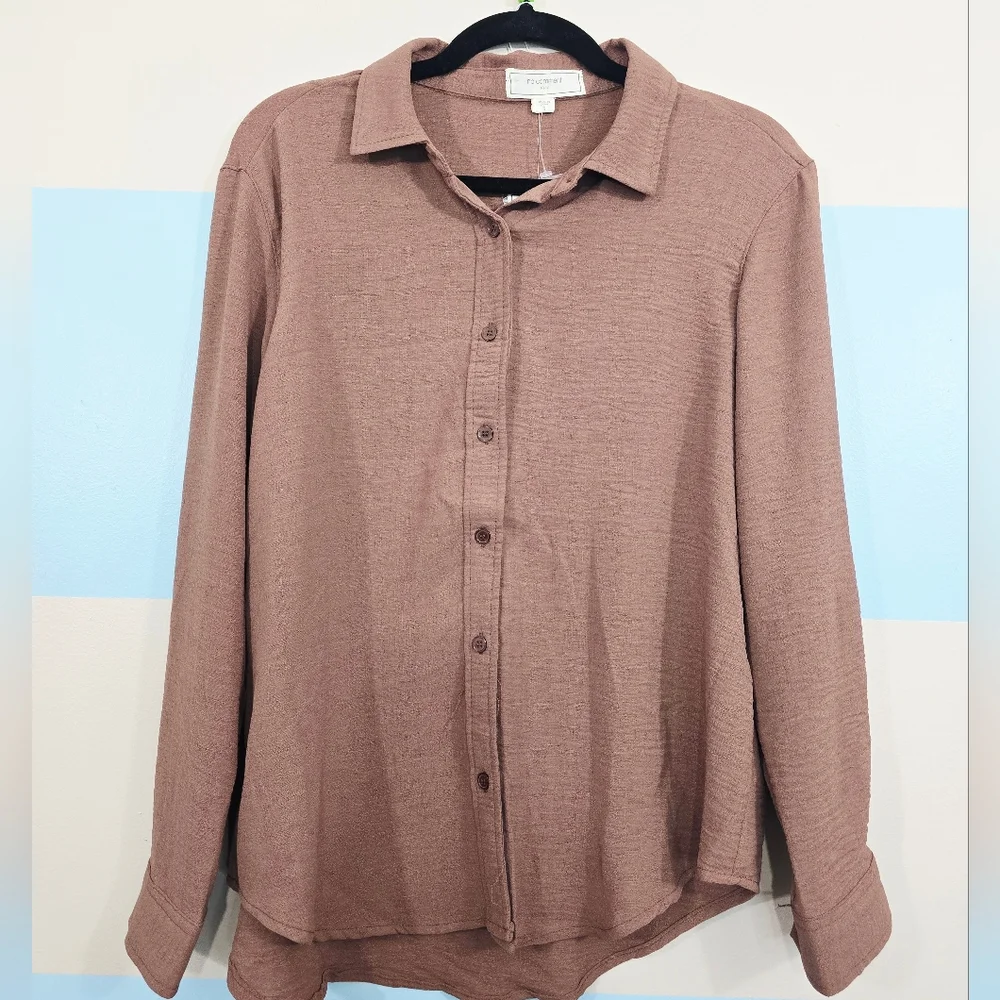 NWT No Comment Chocolate Brown Button Front Blouse - Picture 2 of 8